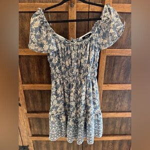 Trixxi Dusty Blue Floral Off-Shoulder Dress with Ivory Print